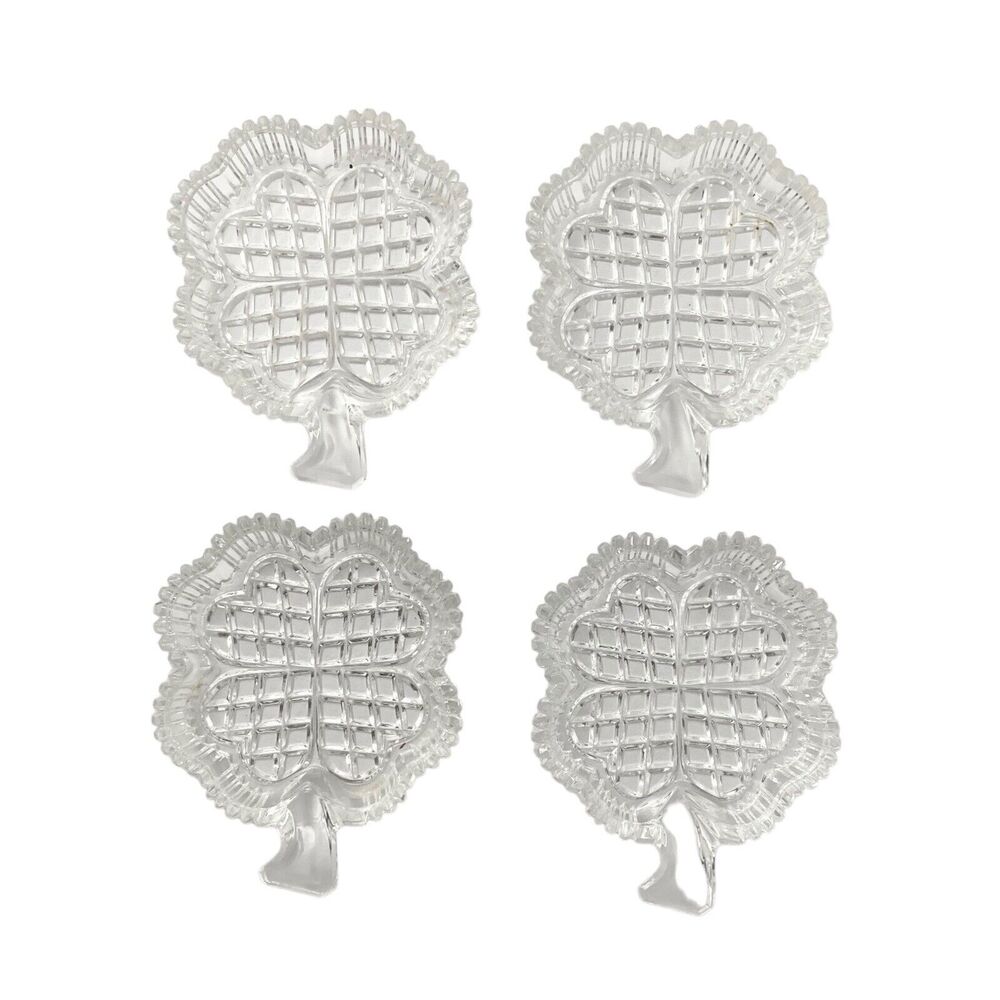 1970s Set of 4 Crystal Shamrock Four-Leaf Clover Trinket Shallow Small Bowls 4”
